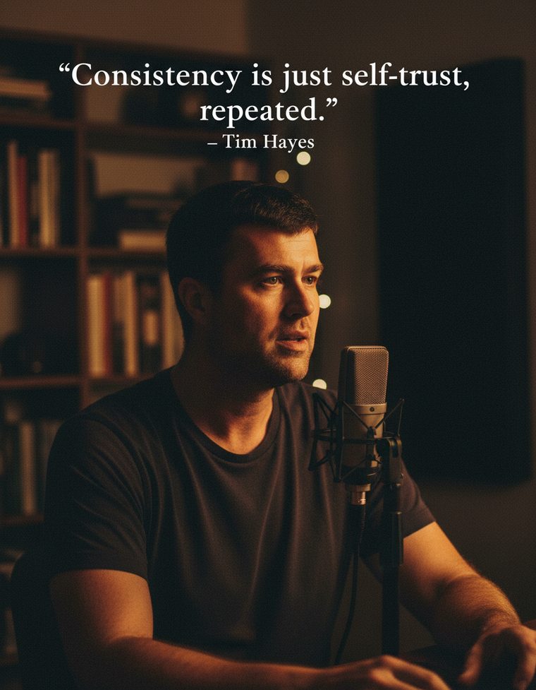 Example authority graphic: a podcast-studio portrait with the quote 'Consistency is just self-trust, repeated.' — generated from a creator's own reference photo and brand kit.